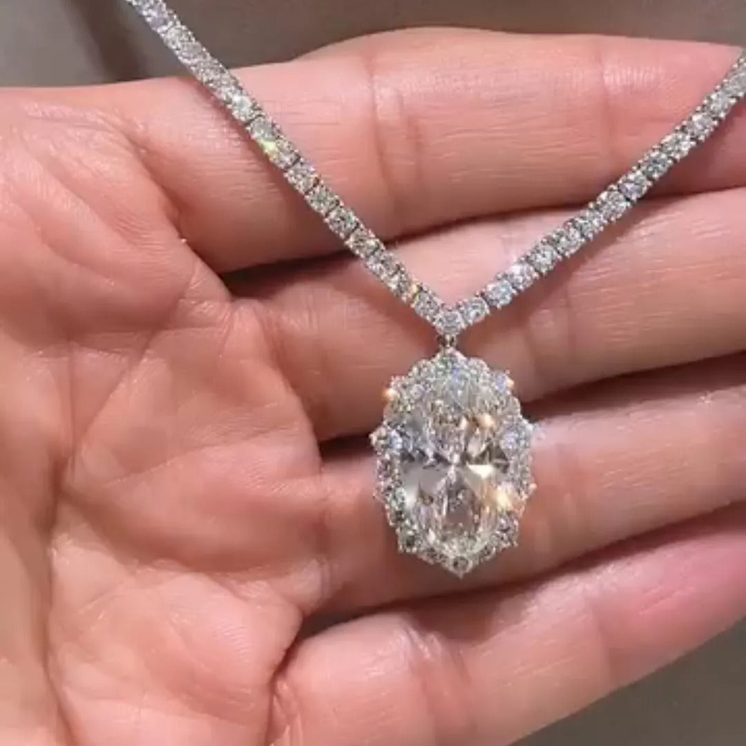 10ct Oval-cut Super Sparkly Sterling Silver Handmade Necklace
