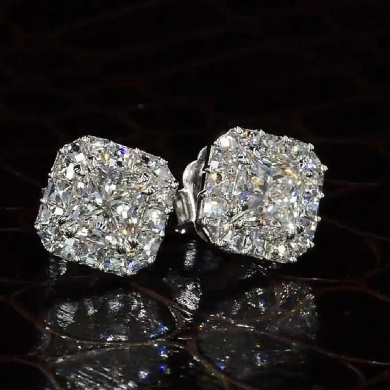 1.5Ct Radiant Cut Paved Diamond Eternity Stud Earrings In Sterling Silver