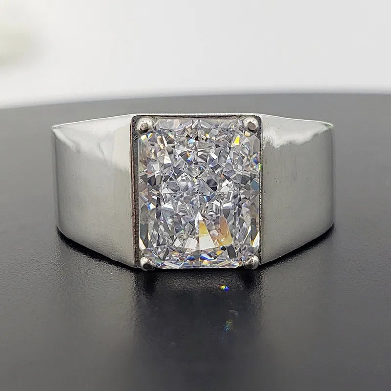 3.5ct Radiant Cut White Sapphire Classic Handmade Sterling Silver Men's Ring