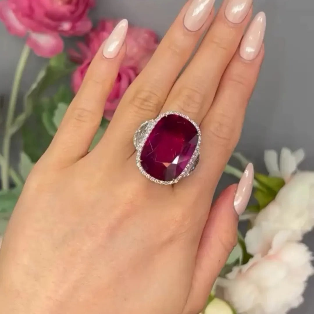 12ct Elongated Cushion Cut Ruby Sterling Silver Vintage Banquet Ring
